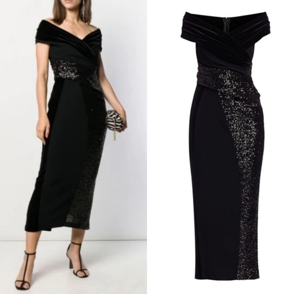 Talbot Runhof Sequin & Velvet Mixed Media Black Midi Cocktail Dress NWT Sz 4 US